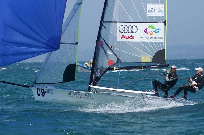 Outteridge / Austin win the Gold medal race - 49er World Championships - Sorrento Sailing Couta Boat Club, Australia © Teri Dodds http://www.teridodds.com